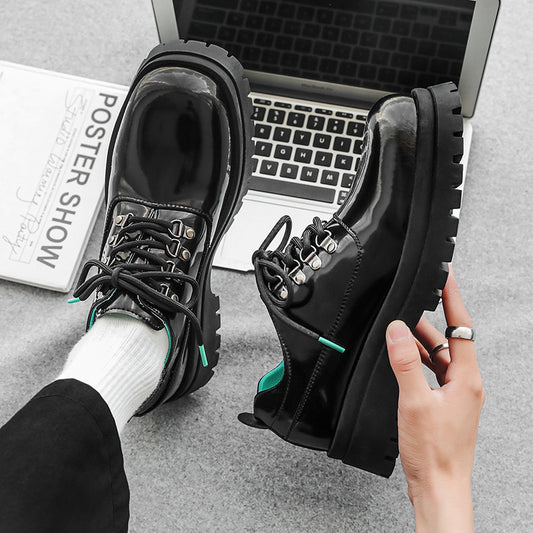Men's Height Increasing Black Derby Niche Fashion Leather Shoes