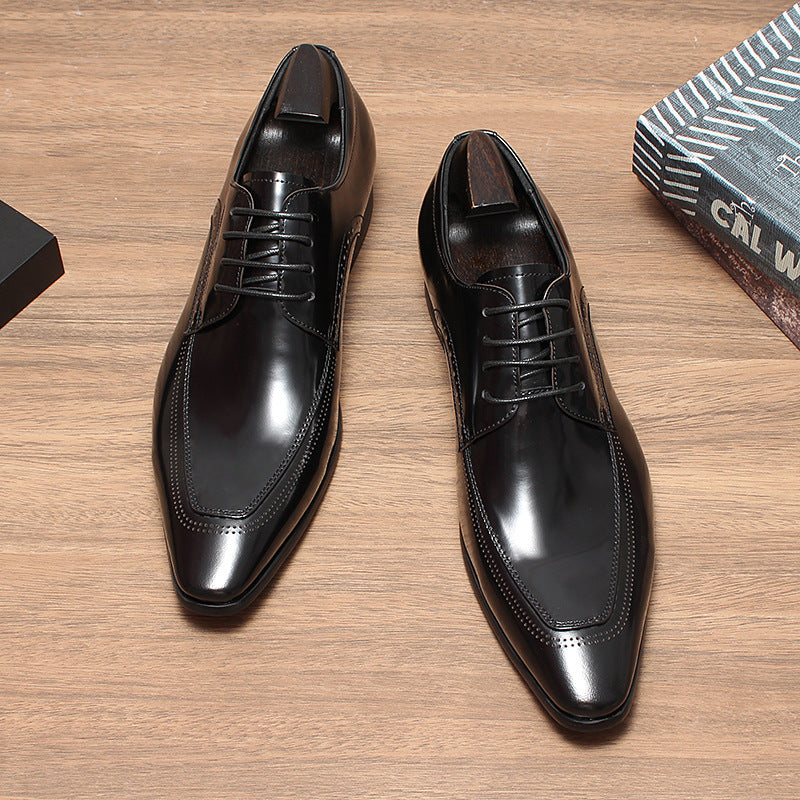 Men's Autumn British Style Pointed Genuine Glitter Tied Derby Formal Men's Business Leather Shoes