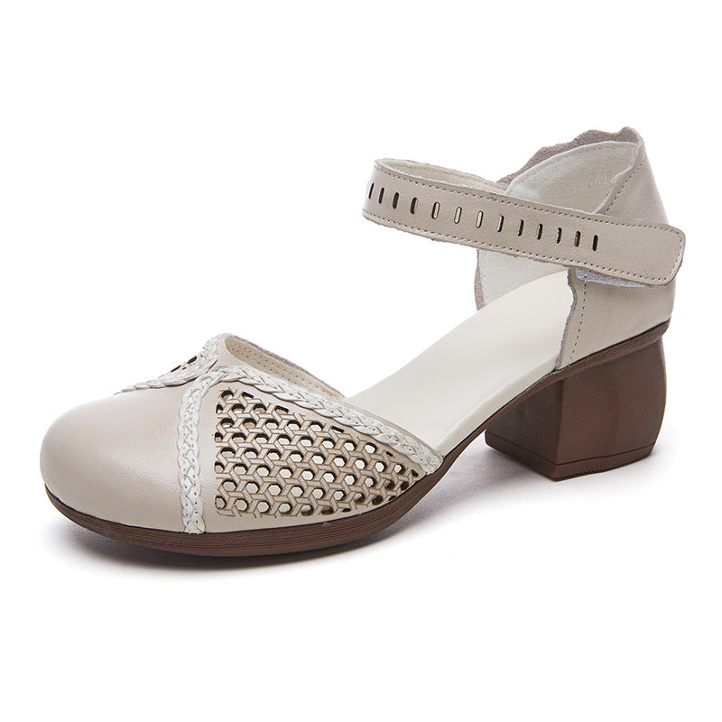 Women's Summer Top Layer Cowhide Thick Soft Bottom Heels