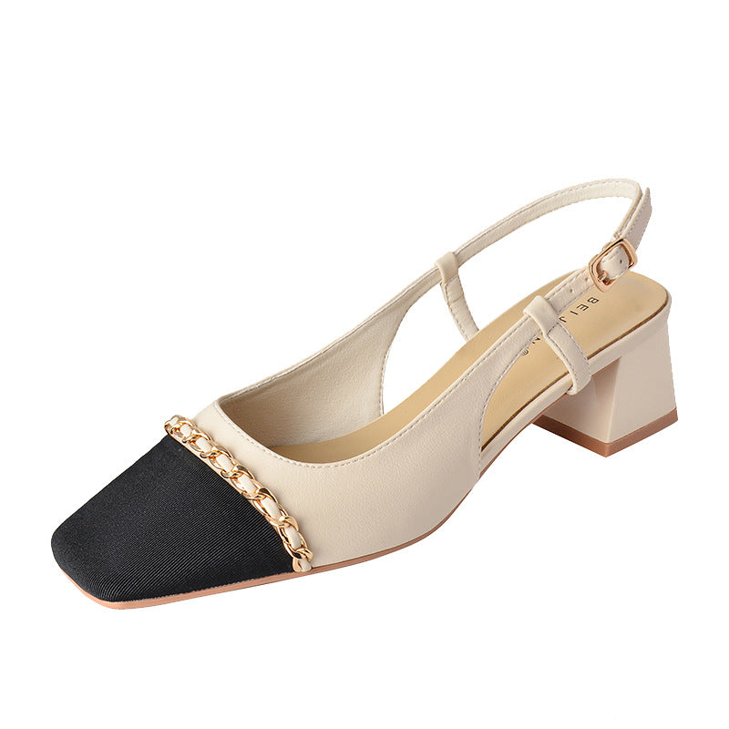Women's Temperament Chain Color Matching Mid Summer Closed Toe Chunky Heels