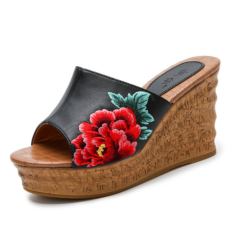 Style Peep Toe Soft Bottom Comfortable Embroidered Wedge Slip-on Sandals