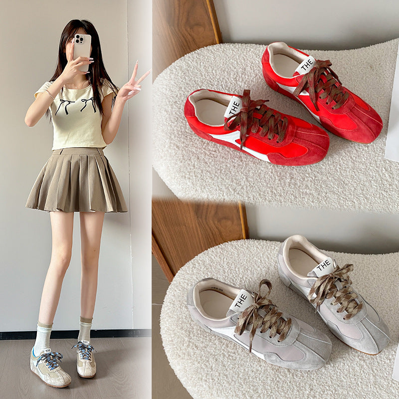 Women's Mom Cowhide Fashionable Retro Contrast Color Round Square Toe Style Women's Sports Shoes