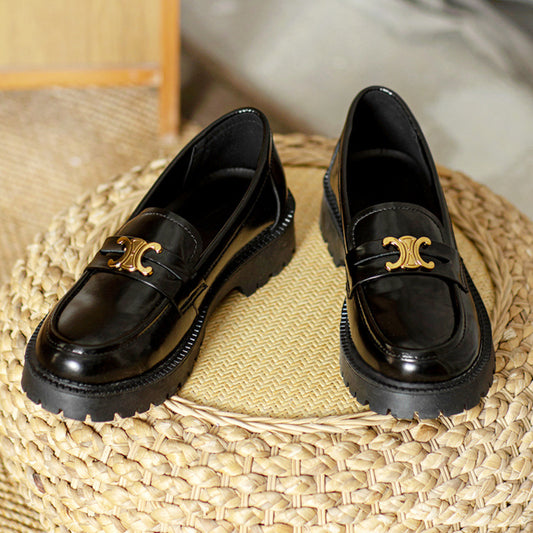 Women's Full Cowhide British Style Authentic Spring Pumps Platform Metal Leather Shoes