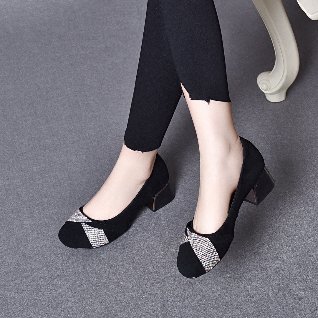 Women's Rhinestone Sheepskin Shallow Mouth Two Heights Loafers