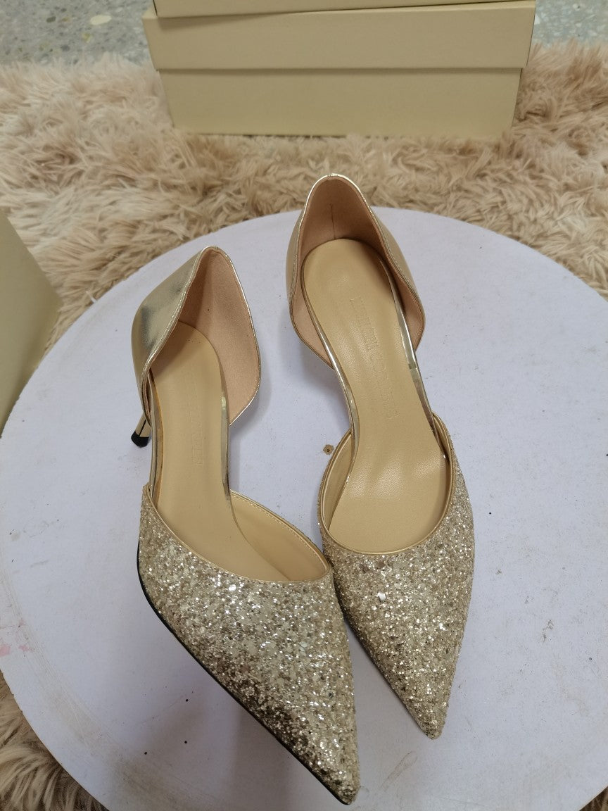 Women's Wedding Pointed Stiletto Stitching Genuine Sequined Temperament Leather Shoes