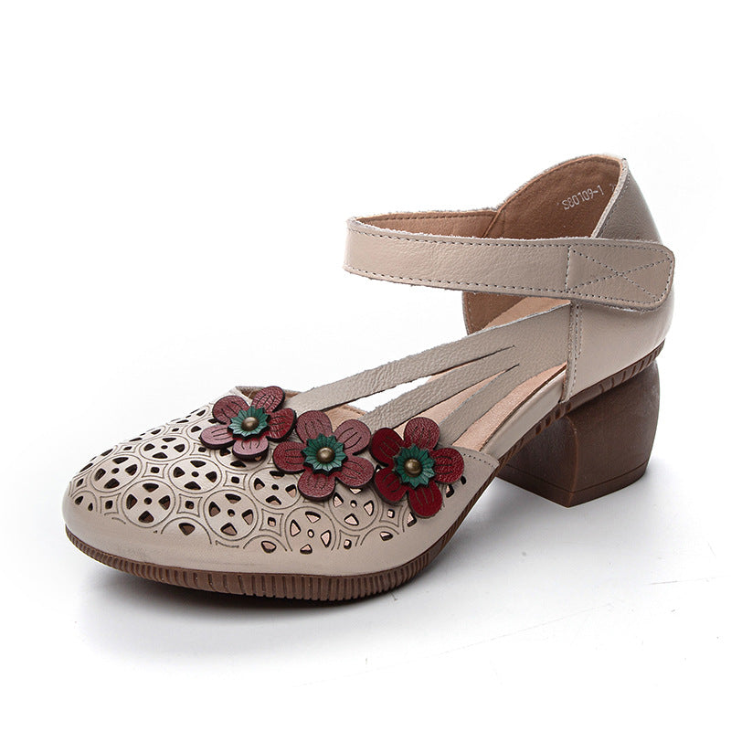 Women's Toe Mid Flower Hollowed Color Matching First Layer Heels