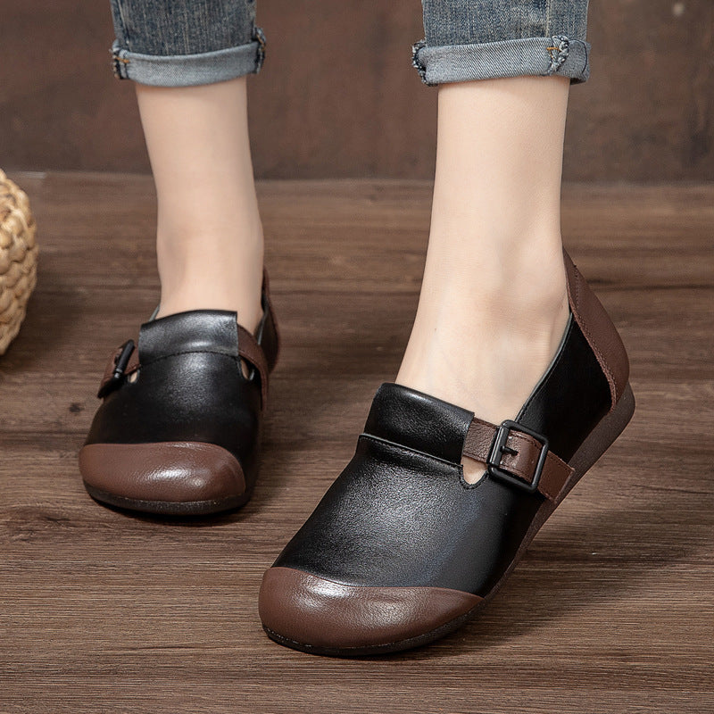 Women's Simple Big Head Flat Buckle Bottom Leather Shoes