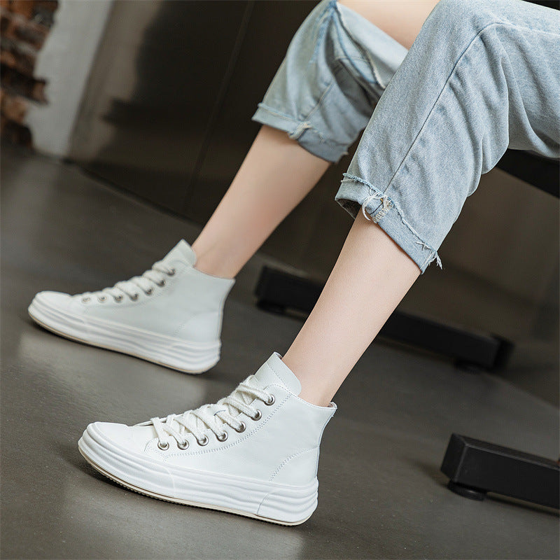 Women's High Top White Cowhide Black Comfort Sneakers