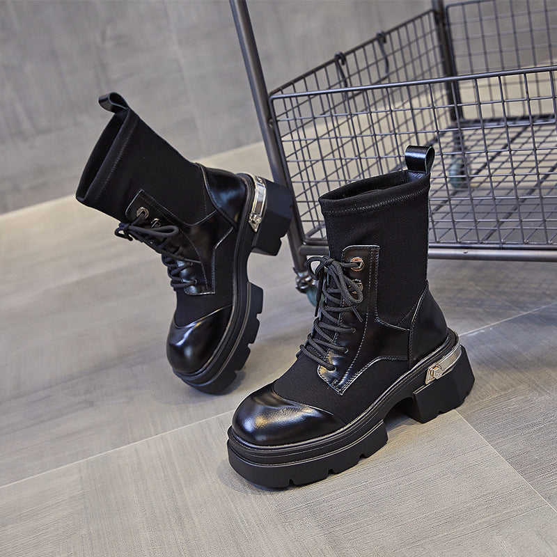 Women's Style Round Toe Vintage Black Chunky Boots