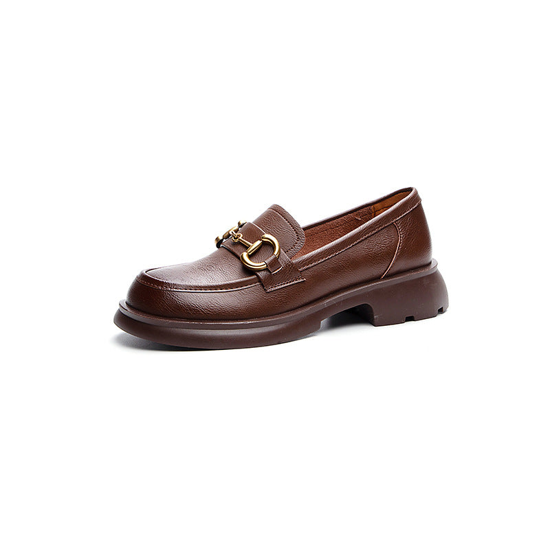 Women's Single-layer Cowhide Metal Buckle Mid Soft Loafers