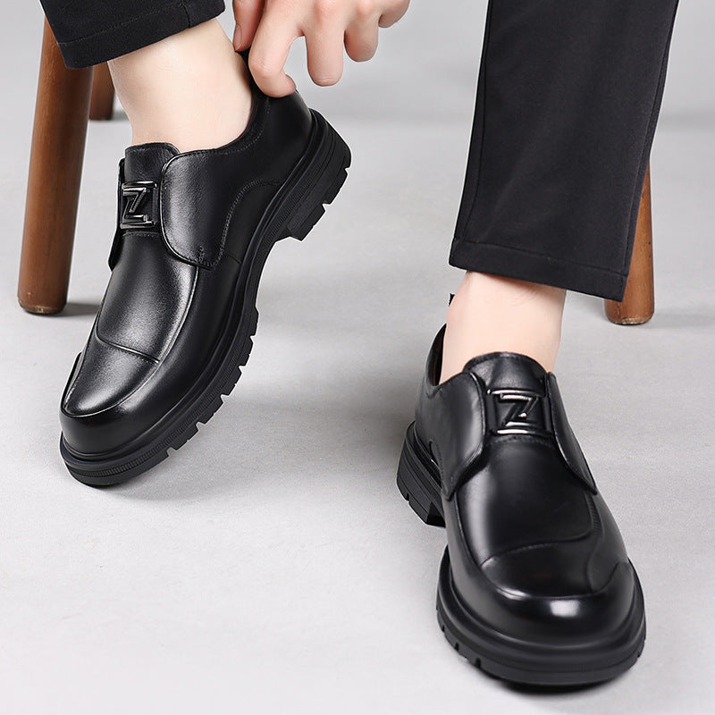 Men's Layer Cowhide Business Commuter Platform Slip-on Leather Shoes