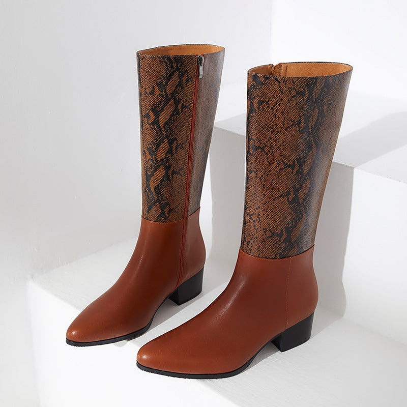 Men's Pointed Toe Fashion Brown Python Embossed Boots