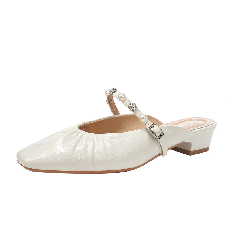Women's Pearl Slide Thick Pleated Square Toe Heels