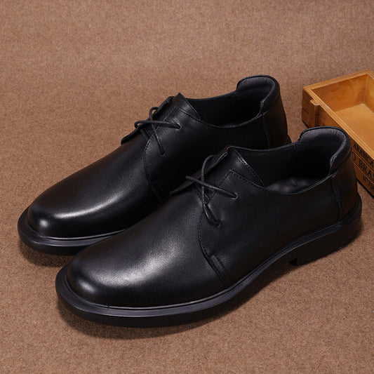 Men's Black String Strap Round Toe Pigskin Leather Shoes