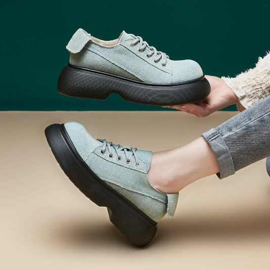 Women's Retro Cow Suede Big Head Platform Autumn Worker Casual Shoes