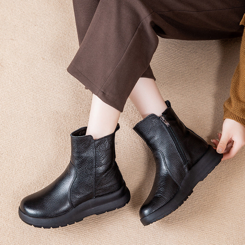 Women's Layer Cowhide Mother's Cotton Flat Leisure Warm Snow Boots