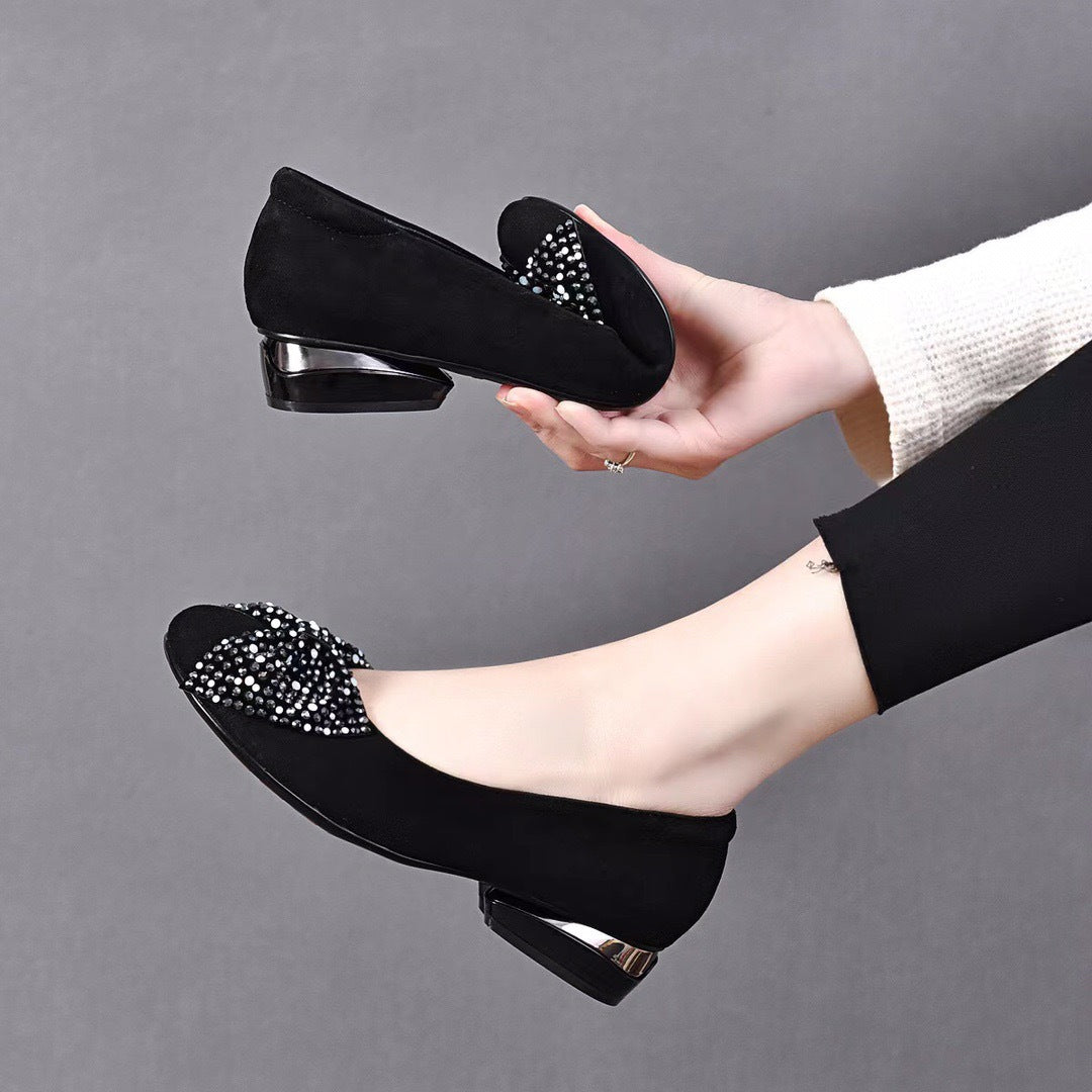 Women's Korean Style Bow Rhinestone Black Slip-on Shallow Mouth Pumps Round Women's Fashion Shoes