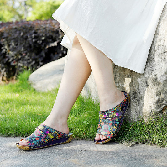 Genuine Hand-rub Color Vintage Floral Belt Sandals