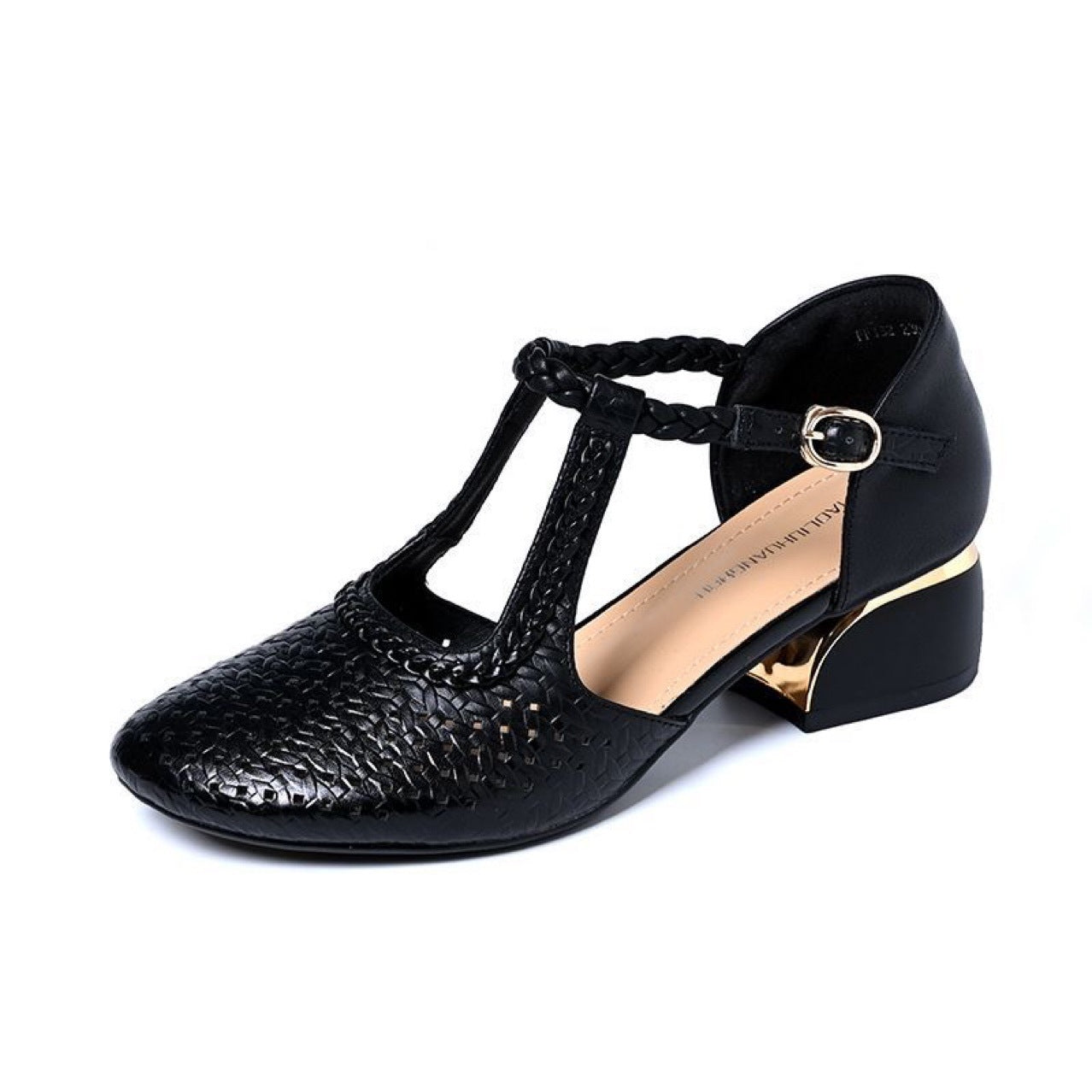 Summer Weaving Hollow Round Toe Low-cut Chunky Soft Bottom Heels