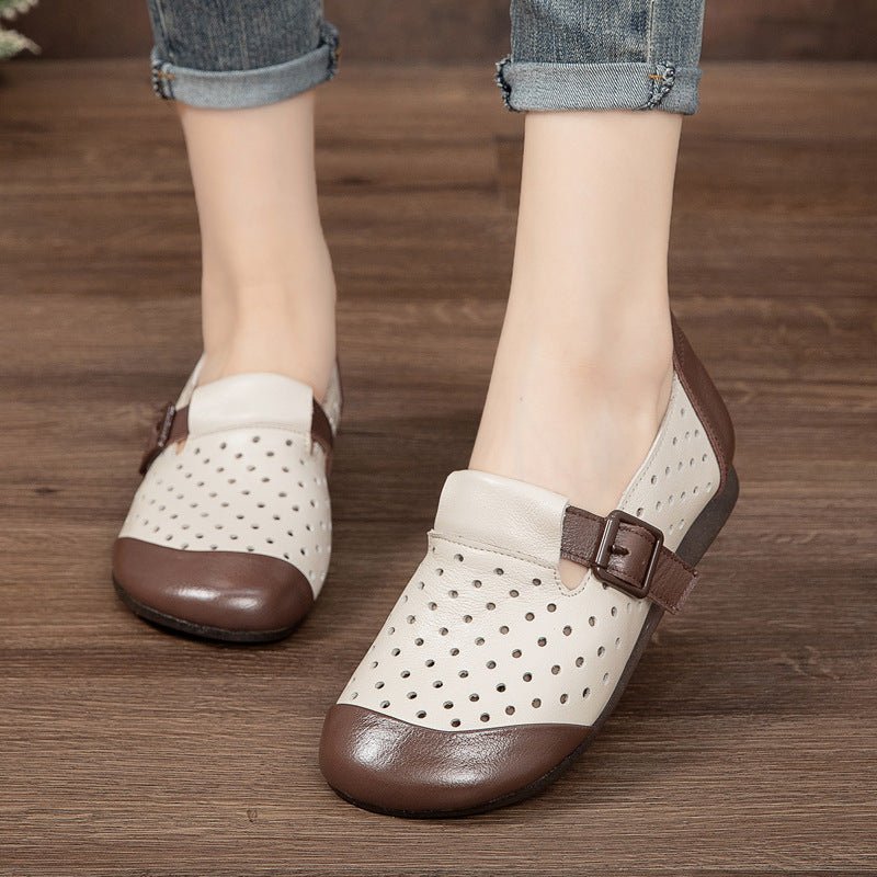 Women's Simple Big Head Flat Buckle Bottom Leather Shoes
