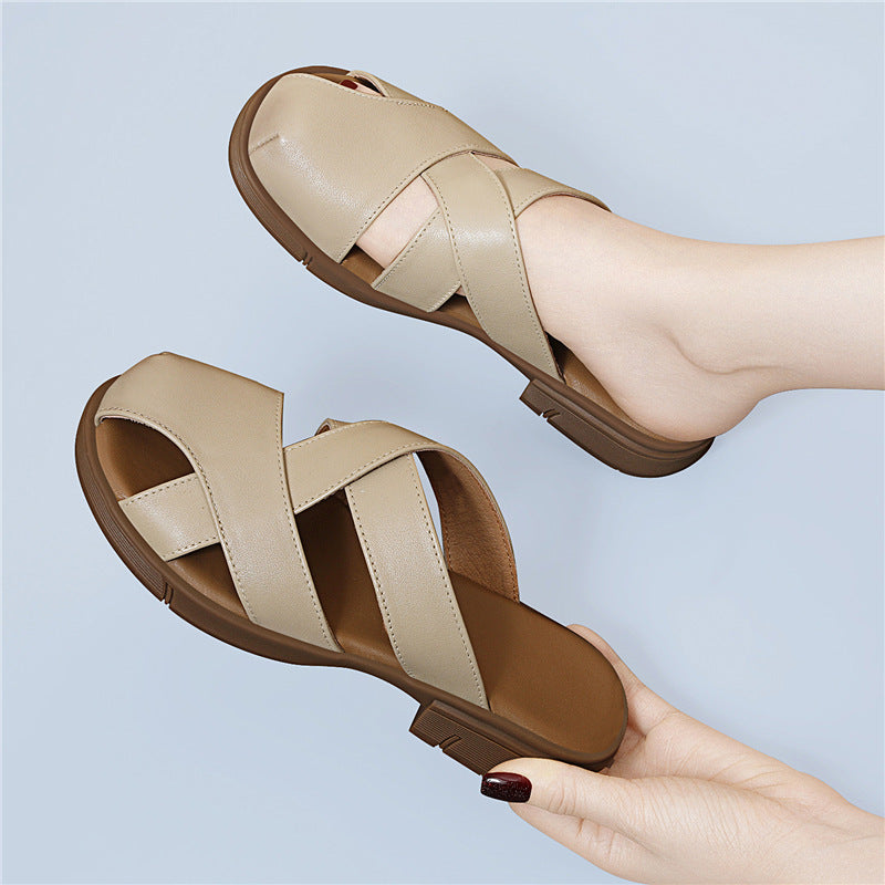 Women's Layer Cowhide Closed Toe Half Outer Wear Sandals