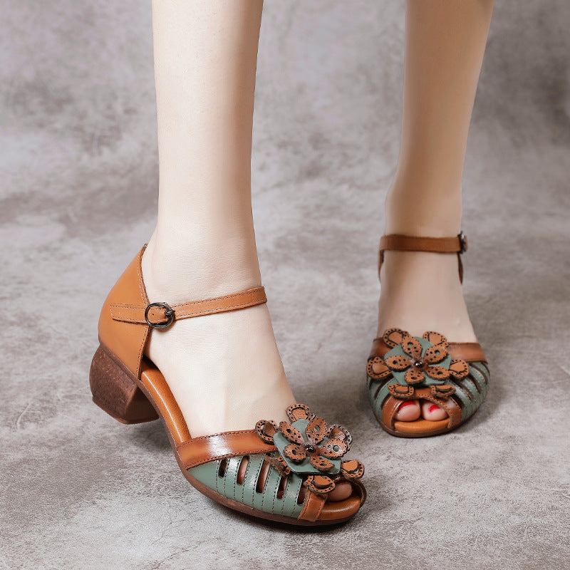 Women's Layer Cowhide Hollow Fish Mouth Strap Heels