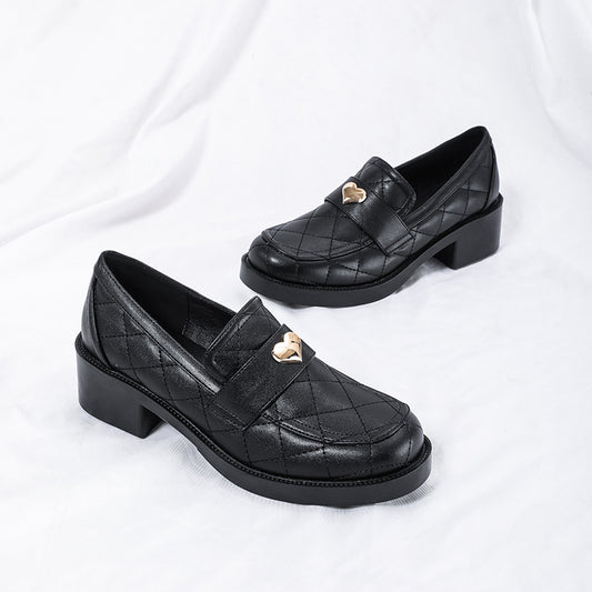 Women's Style Metal Heart Chunky Thick-soled British Plaid Loafers
