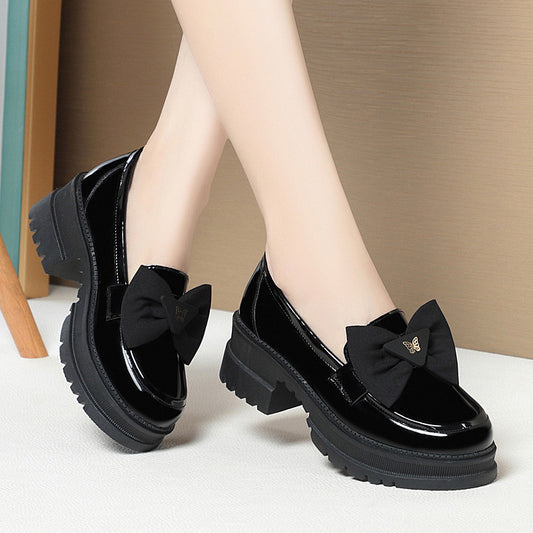 Women's Patent Bow Pumps Chunky Platform British Loafers