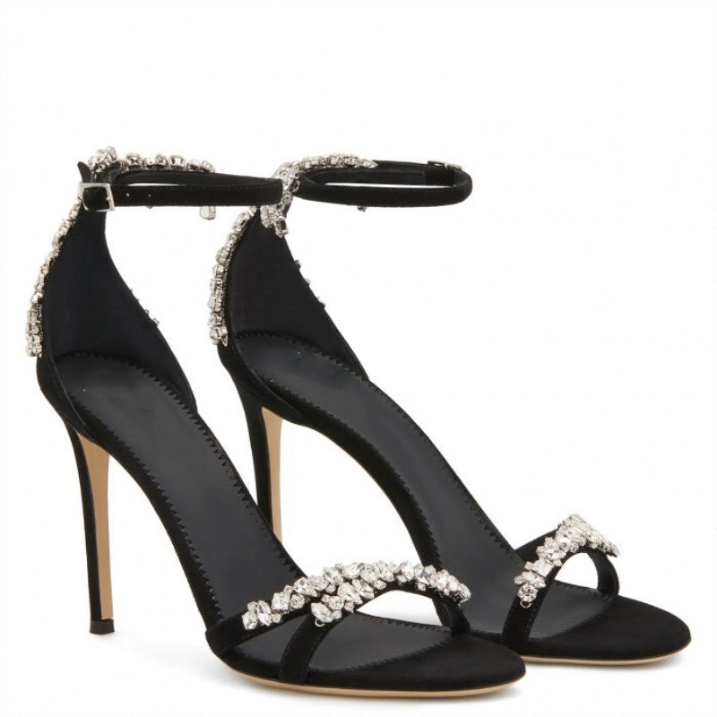 Women's Open Toe Rhinestone Buckle Hollowed Matte Black Heels