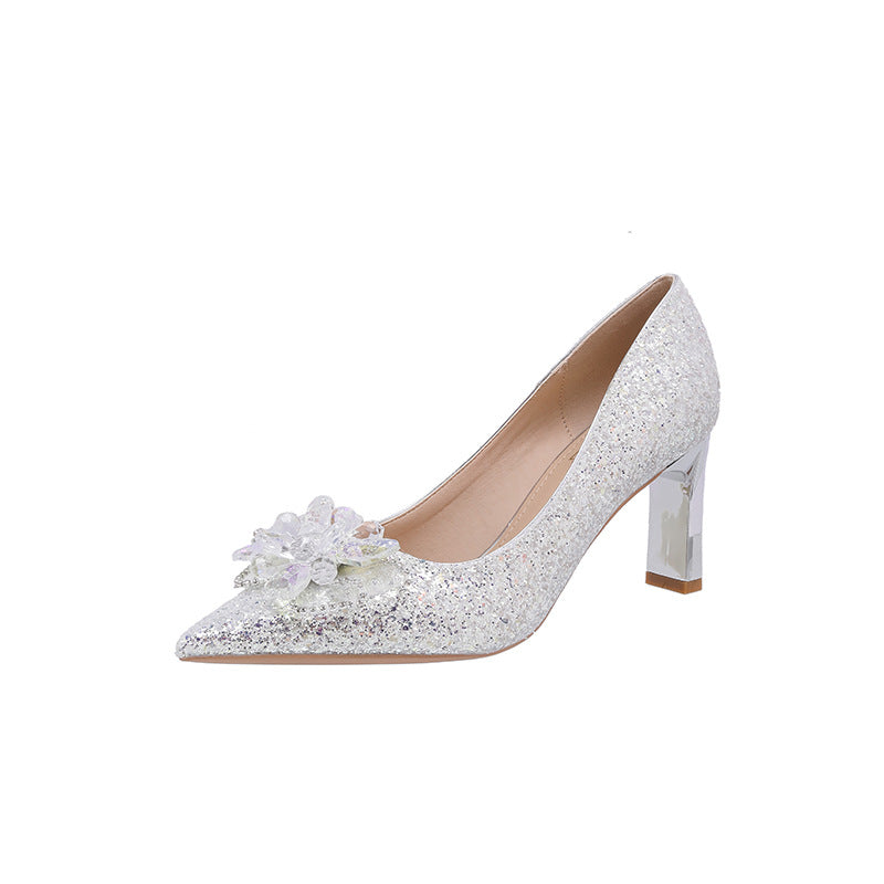Women's Sier Shiny Wedding Dignified Rhinestone Flower Women's Shoes