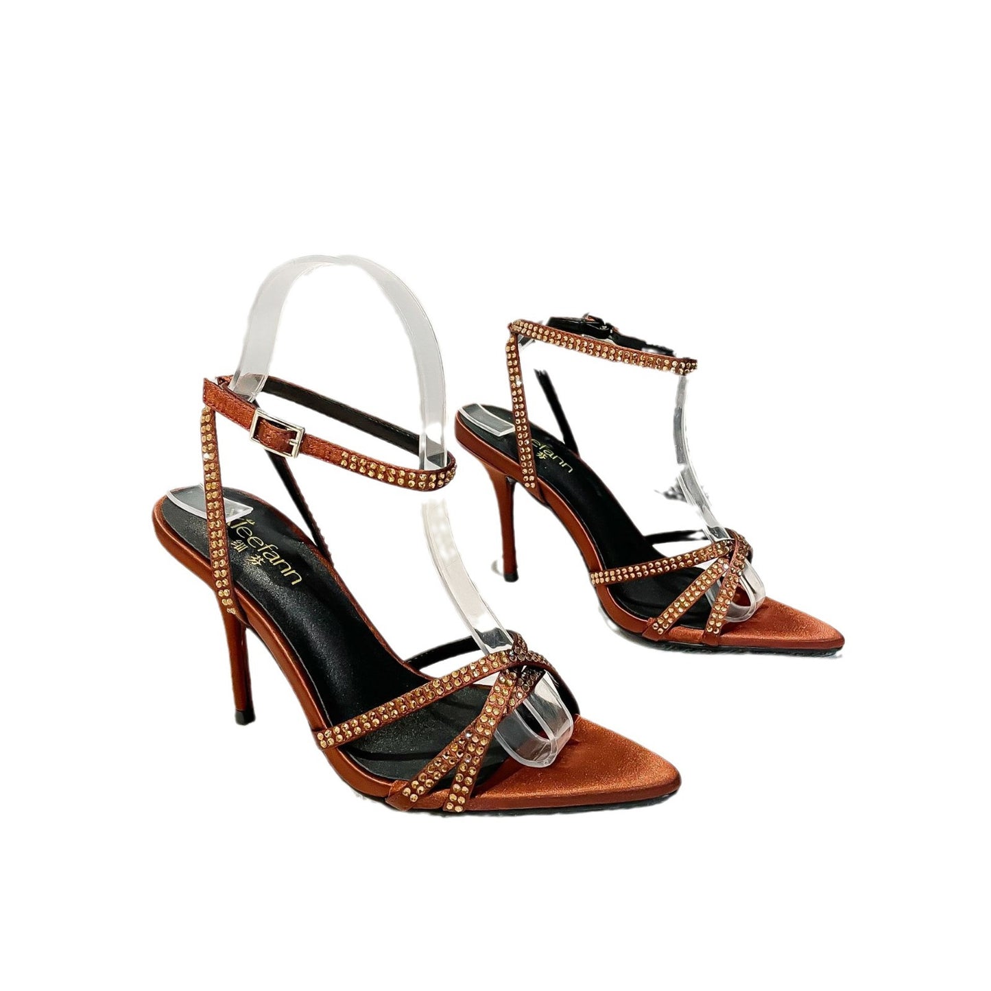 Women's Rhinestone Brown Stiletto Sexy Satin Open Toe Heels