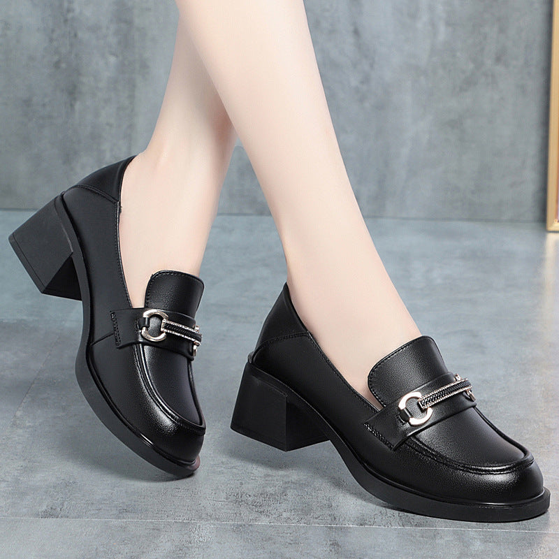 Soft Bottom Mid Mom British Style Slip-on Black Single-layered Women's Fashion Shoes