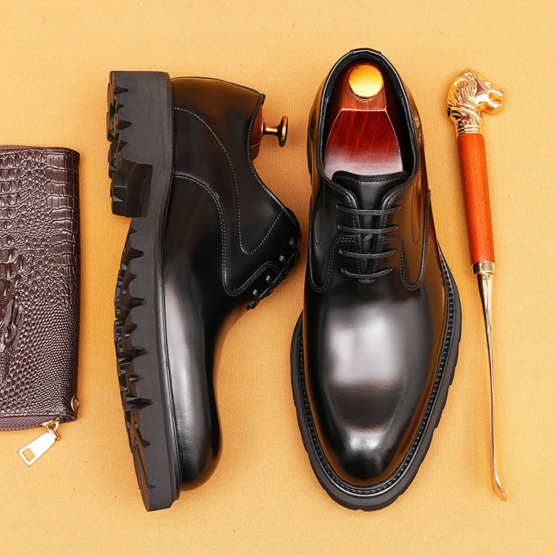 Men's Cowhide Glossy British Thick Sole Increased Business Formal Leather Shoes