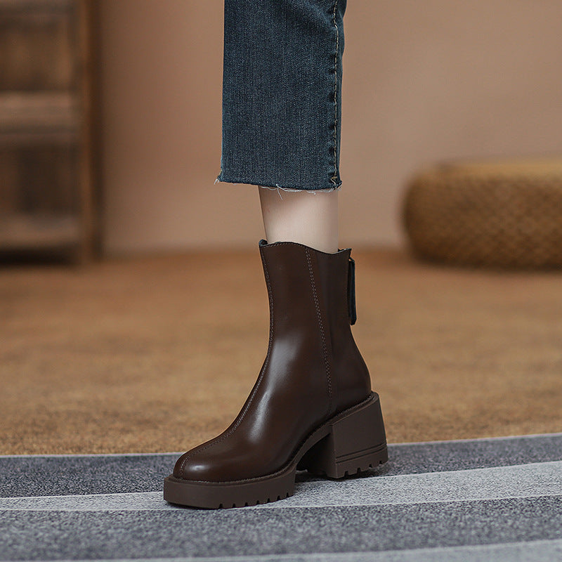 Women's Small Thick-soled Height Increasing Chunky Ankle Retro British Boots