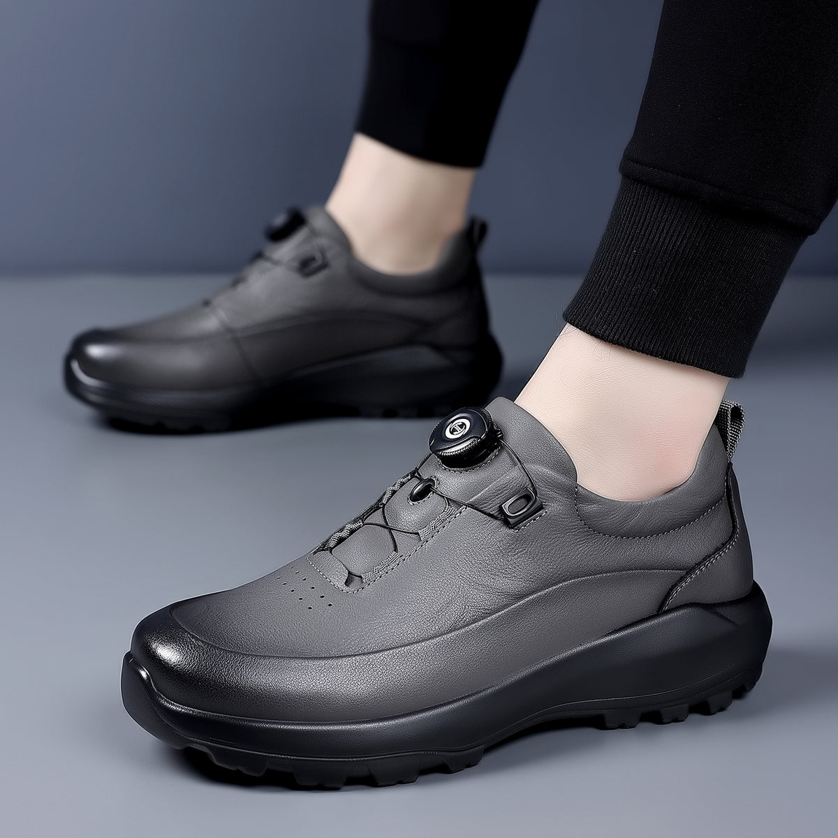 Men's Platform Rotating Buckle Lightweight Heighten Soft Men's Casual Leather Shoes