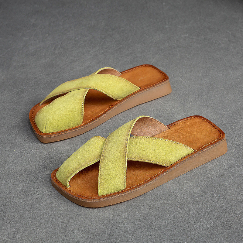Women's Breathable First Layer Cowhide Simple Round Sandals
