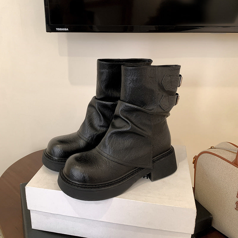 Women's Thick Bottom Chunky Pantyhose Belt Buckle Boots