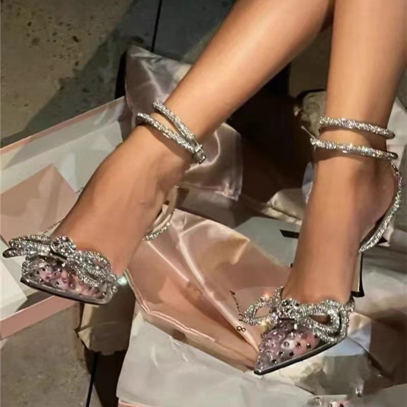 Women's Bowknot Color Rhinestone Pointed Toe Transparent Heels