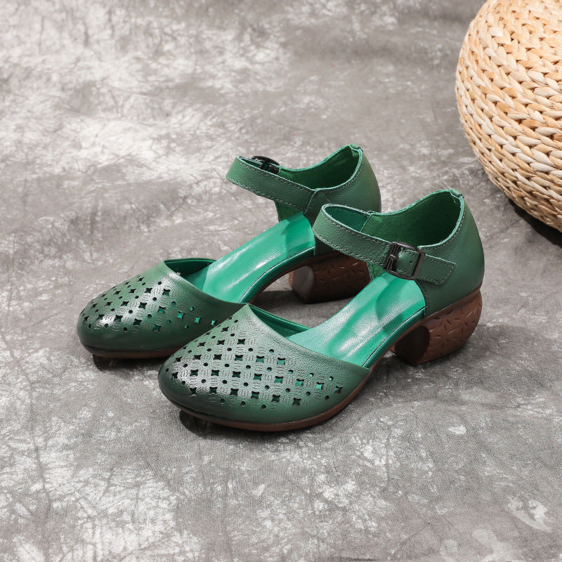 Women's Summer Thick Mid Top Layer Soft Cowhide Hollow Heels