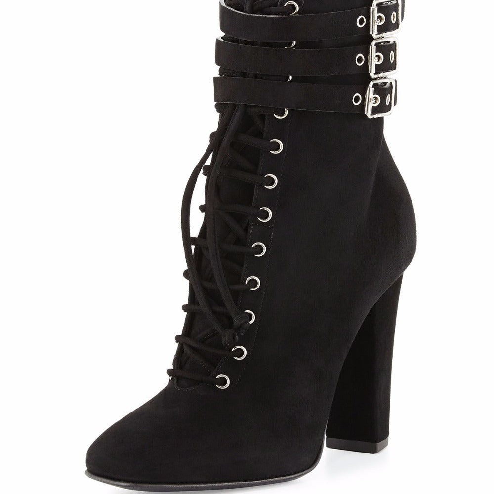 Women's Black High-heeled Ankle Plus Size Chunky Boots