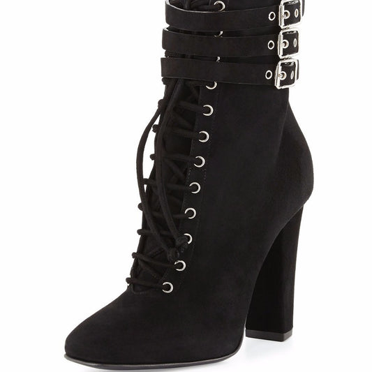 Women's Black High-heeled Ankle Plus Size Chunky Boots