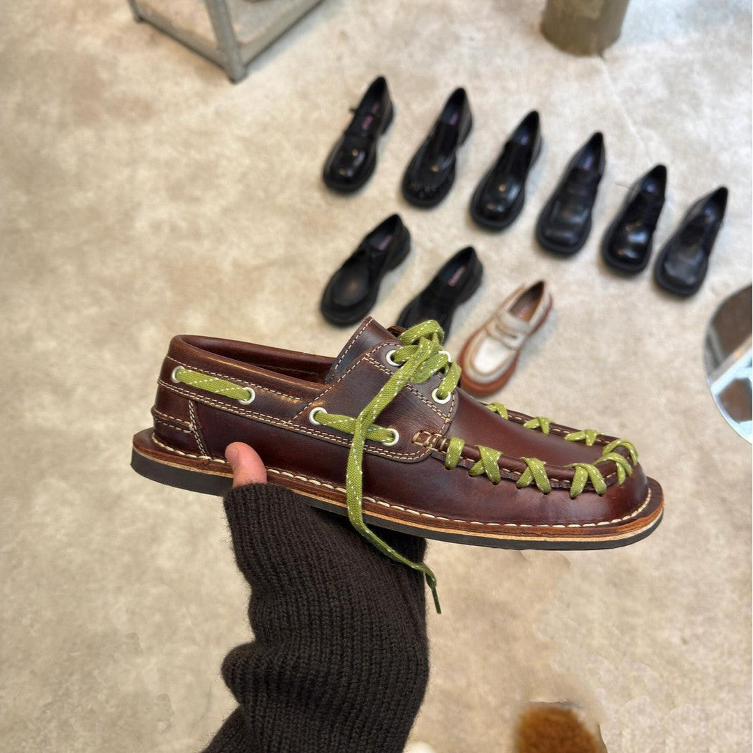 Women's & Men's Woven Design British Style Square Toe Men's Casual Leather Shoes