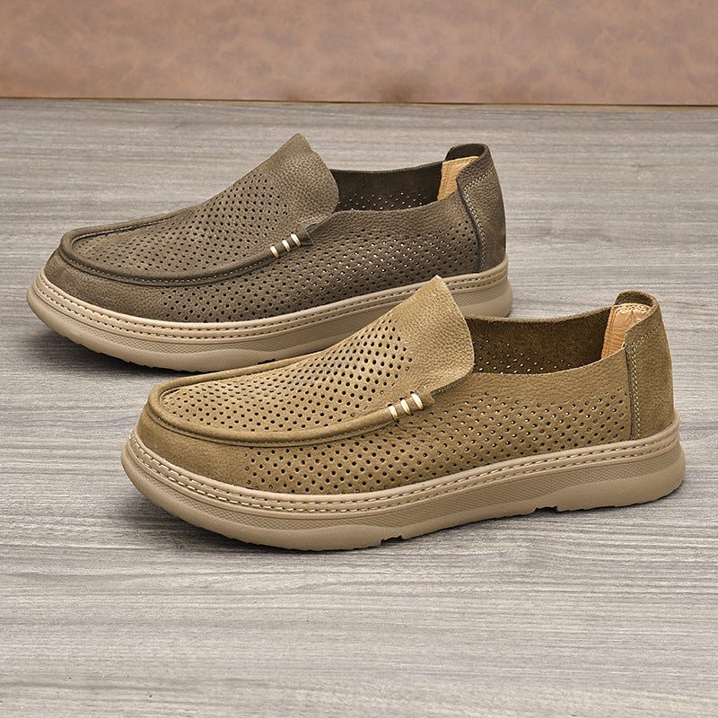 Men's Surface Hollowed First Layer Cowhide Round Toe Perforated Casual Shoes
