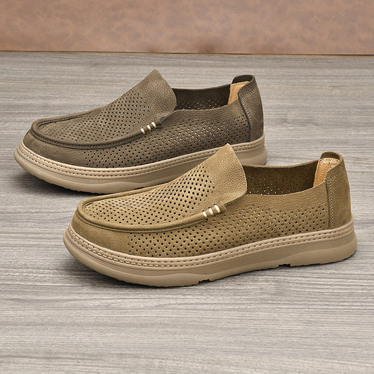 Men's Surface Hollowed First Layer Cowhide Round Toe Perforated Casual Shoes