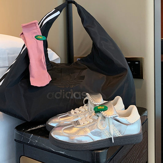 Women's White Round Toe Fold Design Color Matching Flat Sneakers