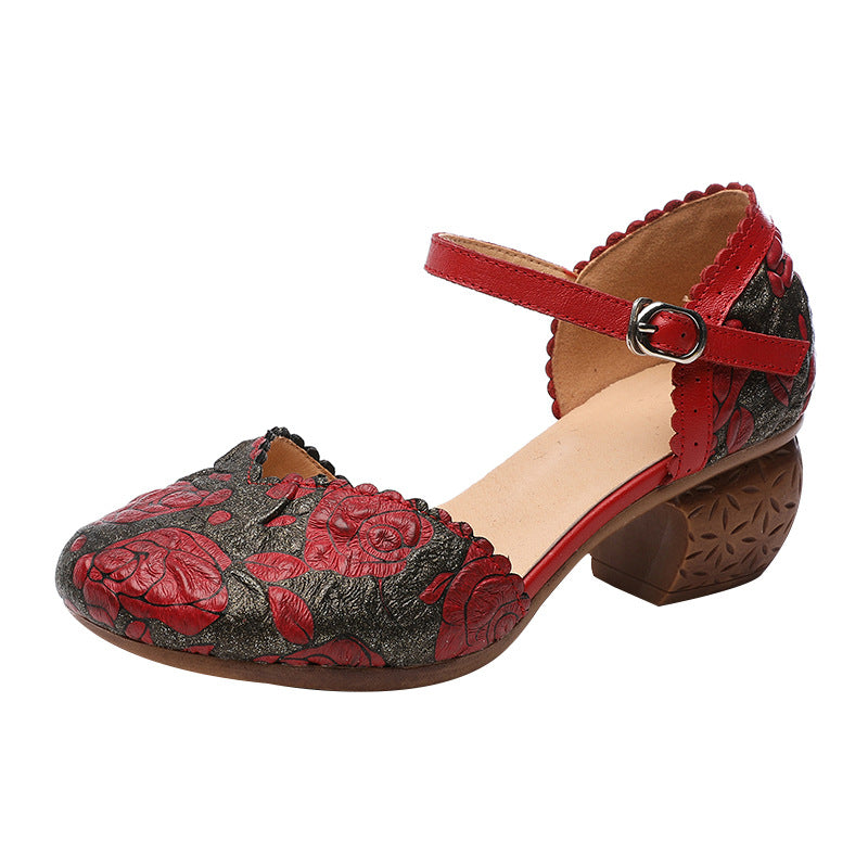 Women's First Layer Cowhide Thick Mid Multicolor Heels