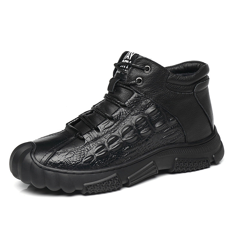 Men's Cotton Cowhide Platform Wool Warm Lace Men's Shoes