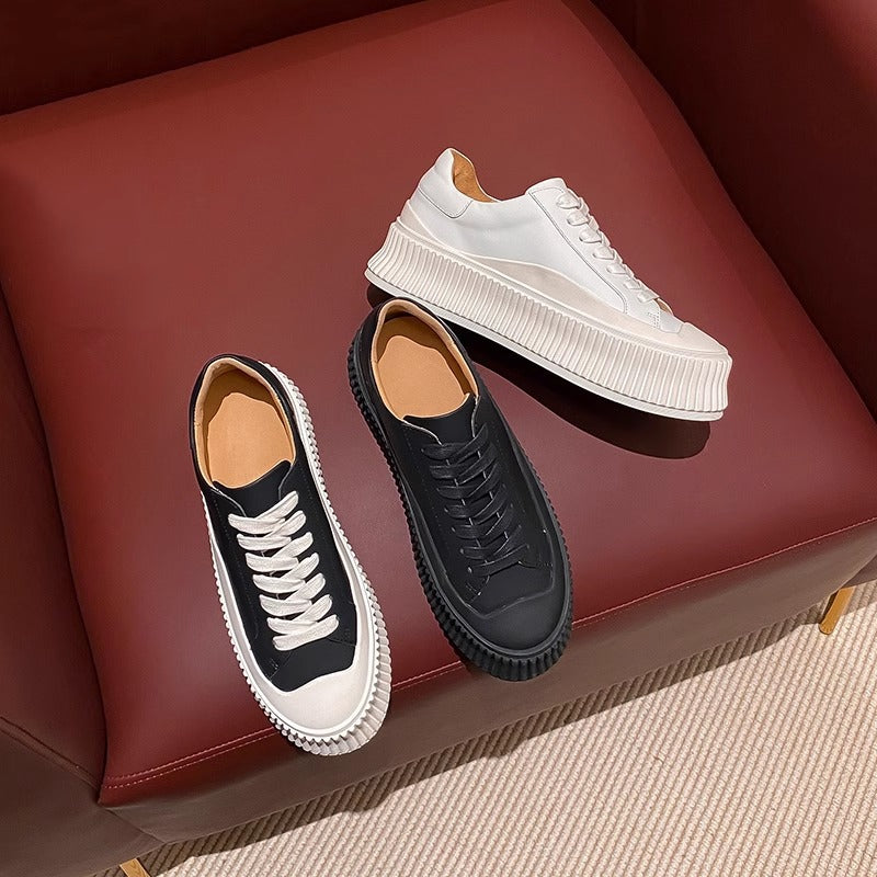 Women's Full Cowhide Platform Height Increasing Insole White Authentic Biscuit Sneakers