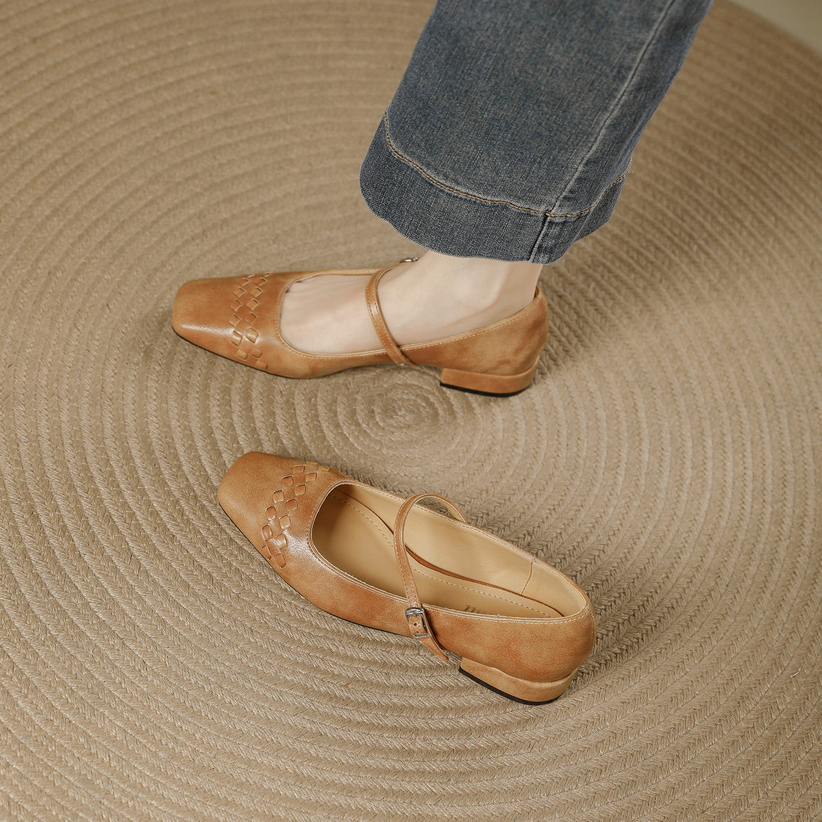 French Style Weave Vintage Pumps Female Square Toe Word With Women's Fashion Shoes