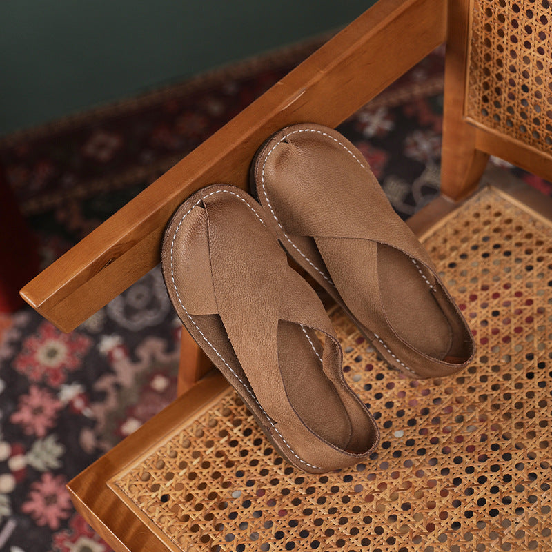 Women's Genuine Handmade Roman Toe Cap Side Empty Slip-on Sandals